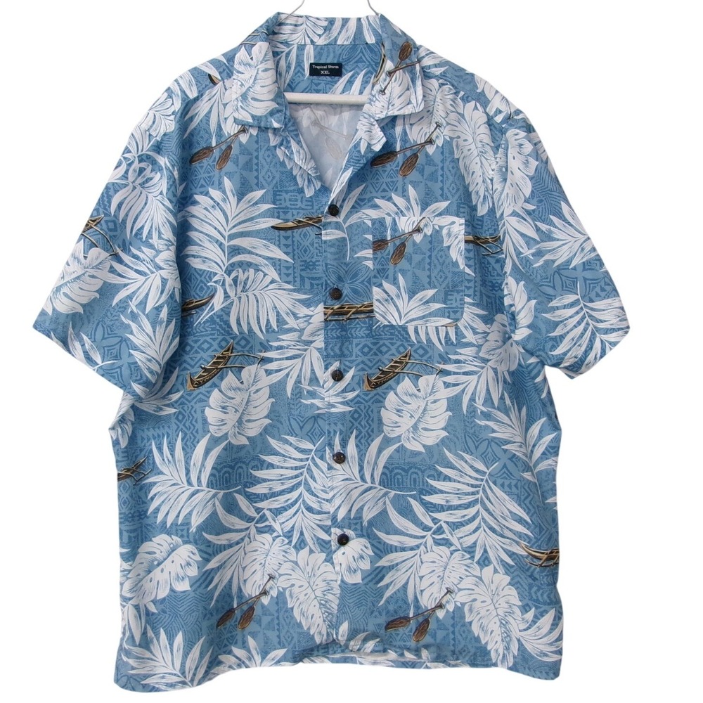 Tropical Storm Mens XXL Hawaiian Shirt Blue White Palm Leaf Canoe Button Down
